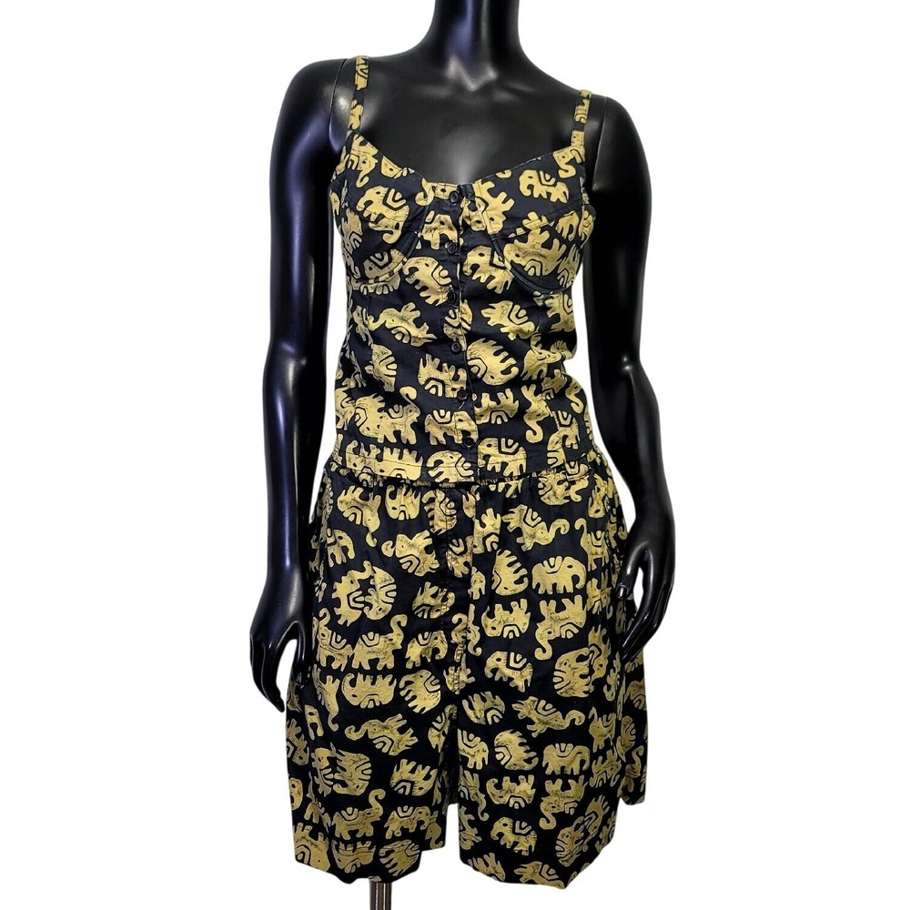 Vintage Red Rover Elephant Print 2 Piece Set Cotton Bustier‎ Top Shorts Black M